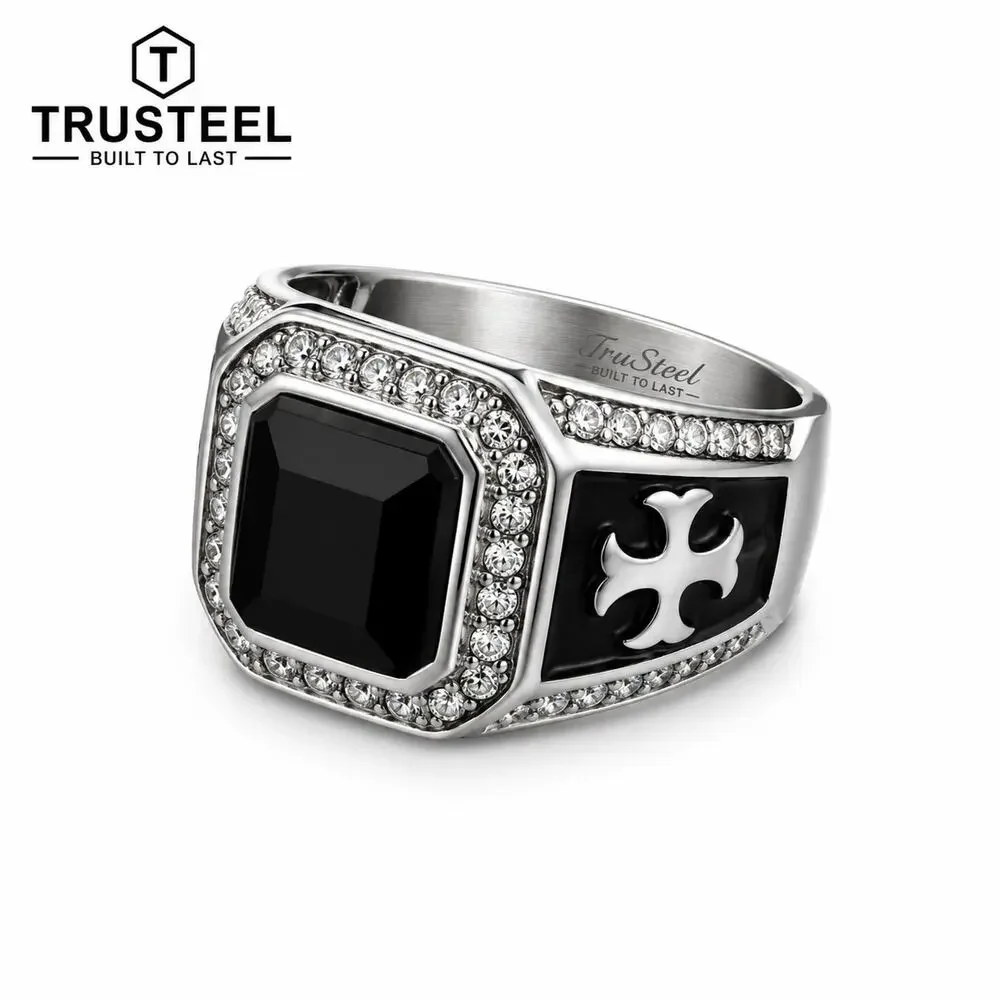 Men’s Stainless Steel Black CZ Signet Ring Cross Biker Gothic Punk Size 13